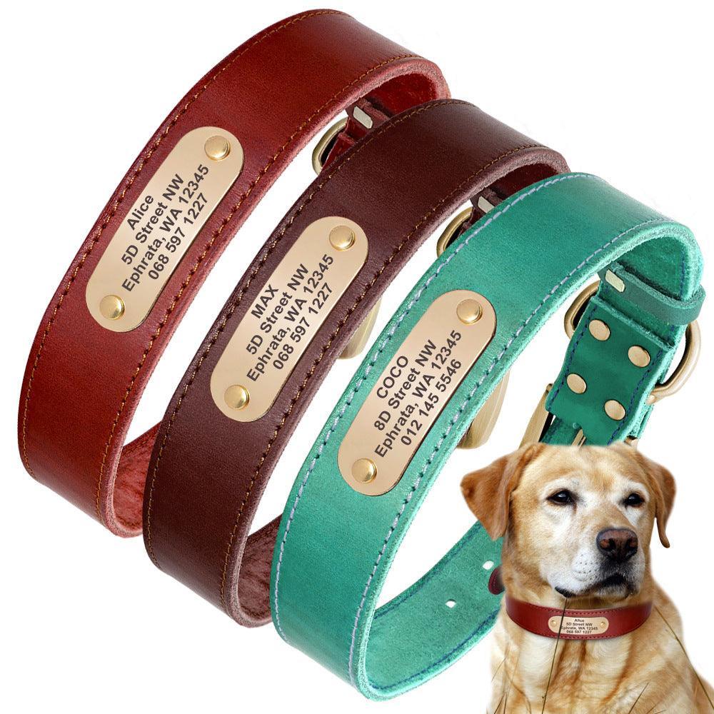 Custom Engraved Leather Dog Collar With Golden Nameplate - Personalized Identification For Medium To Large Dogs