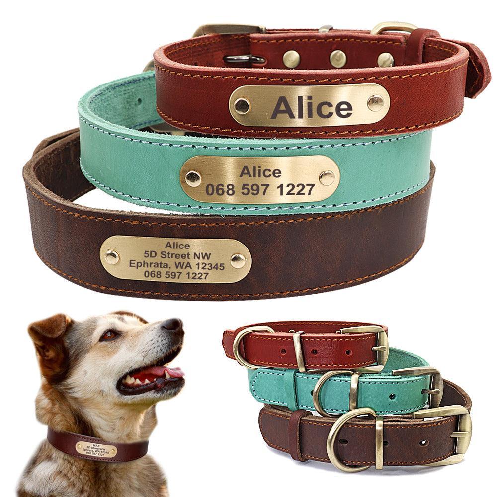 Custom Engraved Leather Dog Collar With Golden Nameplate - Personalized Identification For Medium To Large Dogs